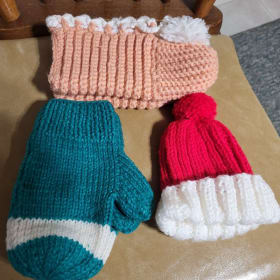 Handmade Knitted Hat, Pair of Gloves, and Slippers item