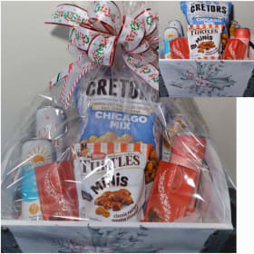 Decorative Christmas gift basket with spritzers/wine/treats item