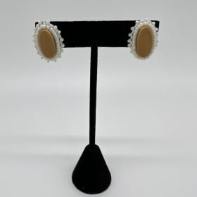 #17 Fossilized Ivory Oval Earrings with White Bead Trim item