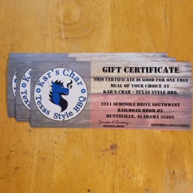 Kar's Char Texas Style BBQ - One Free Meal Gift Certificate item