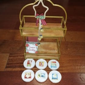 Heavy wood and metal Tray Stand with 6 tapas wine plates. item