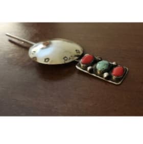 sterling silver turquoise & coral inlay hair pin - Navajo item