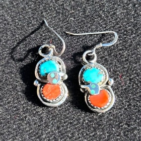 snake turquoise coral dangling earrings-Effie Calavaza, Zuni item