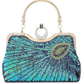 Peacock fan style dangle drop earrings vintage beaded clutch item