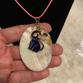 Black Cat Charm with Shell, Pink Cord Necklace item