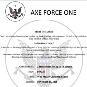 Item #45- Axe Force One 2 Hour Party for 15 Players item