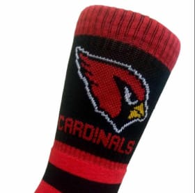 Red & Black sock with stripes and a Cardinal head Size D item