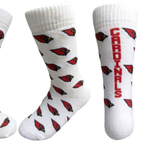 White & Red sock with stripes and Cardinal head Size F item