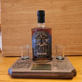#122 Blue Line Bottle/Shot Glasses/Wood Tray item