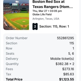 2 Texas Rangers Opening Day Tickets (with Parking Pass) item