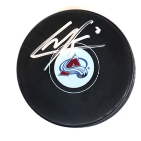 Cale Makar autographed Avs logo puck with display case item