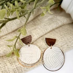 Taupe and white Cork Leather and Brass Hoop Earrings item