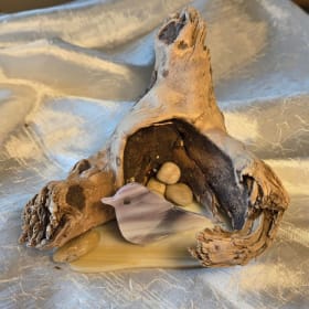 Driftwood and stained glass piece by Sunstruck Stained Glass item