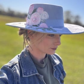 Custom-painted Blue Felt Hat with Pearl Details item