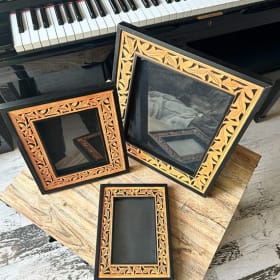 3 Vintage 90's Leather+Wood Picture Frames | Honey & Black item