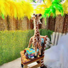 Crochet Covered Giraffe Reading Chair with books by Joanne item