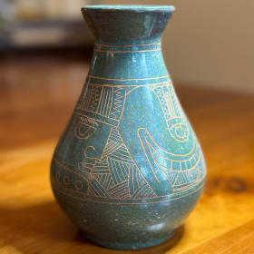 Teal blue traditional design etched vase #9 (6.5" tall) item