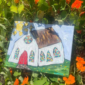 Painting of a Church with stained glass windows item