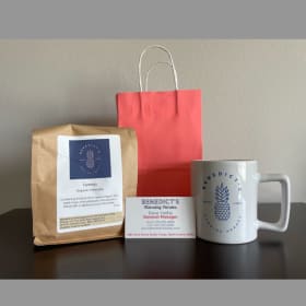 Bag of espresso and coffee mug from Benedict's item