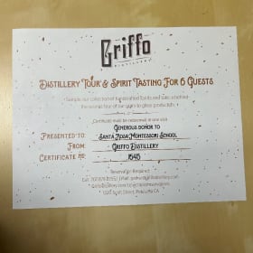 Certificate: Griffo Distillery Tour and Tasting for 6 guests item