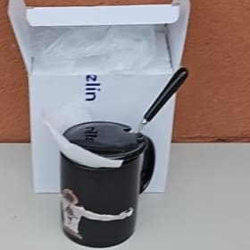 Black Ceramic Mug with a lid and a spoon Anime color change item