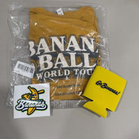 Lot 131 - 2024 Savannah Banana large shirt, sticker, koozie item