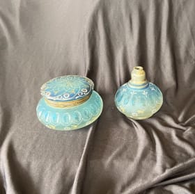 Antique letter writing kit - glass ink well and oil burner item