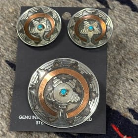 Earrings and Brooch Set- Copper, Sterling Silver, Turquoise item