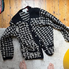 Peruvian wool cardigan, contrasting darning by Rachel Smith item