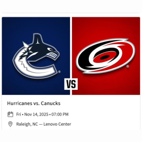 3 Tickets to Carolina Hurricanes Game vs Vancouver Canucks 1 item