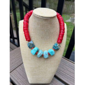 Turquoise & Coral Necklace by Dalena Handmade Jewelry item