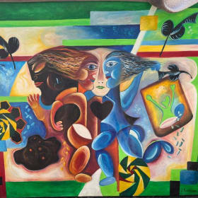 Painting - abstract Three Faces in Green Frame item