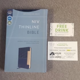 Bible, beverage and $25 Gift Card for House of James item