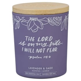 Glass Candle W/Bamboo Lid Purple No Fear Ps. 118:6 item