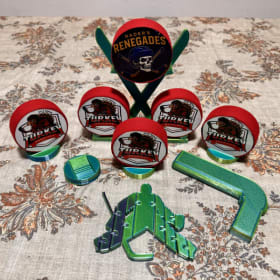 Puck display, articulating goalie and stick cane handle item