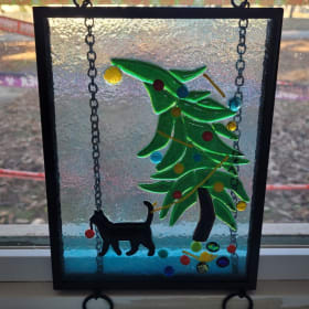 Melded glass Cat and Christmas Tree Suncatcher item