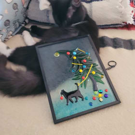 Melded glass Cat and Christmas Tree Suncatcher item