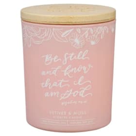 Glass Candle W/Bamboo Lid Pink Be Still Ps. 46:10 item
