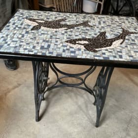 Hand tiled Orca table (old sewing machine stand) item