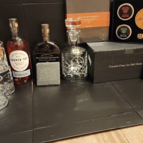 Bourbon Basket with hand designed decanter and tumblers item