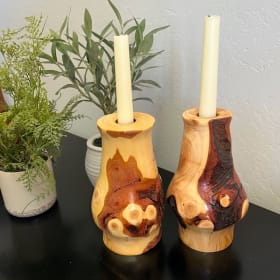 Artisan Hand Turned Cedar Wood Candlestick Pair with candles item