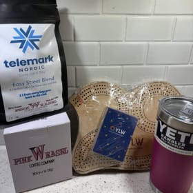 Yeti 20 oz mug, Wooden crib board, Pink Weasel Coffee item