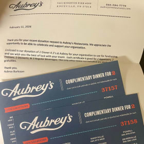 Aubrey's 2 sets of gift certs 4 Dinner for 2 item