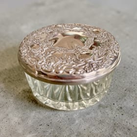 Cut glass vanity jar W/ silver plate lid, mirror inside item
