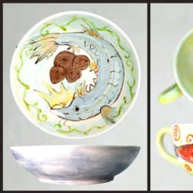 3 Piece Handmade Fish Pottery: Sturgeon bowl, salmonid mug w item