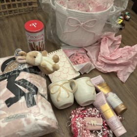 4) Pink and white bow theme w/ travel minky item