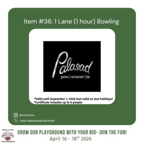 Item #36: 1 Lane (1 hour) Bowling Certificate - Palasad item