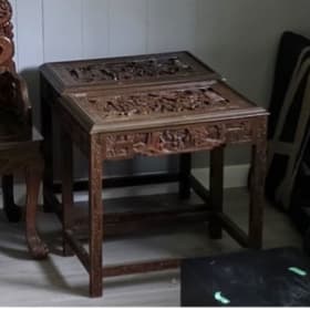 arved hardwood side/occasional table with carved top panels item
