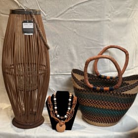 African Bag & Bamboo Lantern w/Necklaces & BJ’s Rest GC Set item