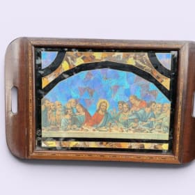 Brazilian Last Supper Butterfly Wings Inlaid Wood Glass Tray item
